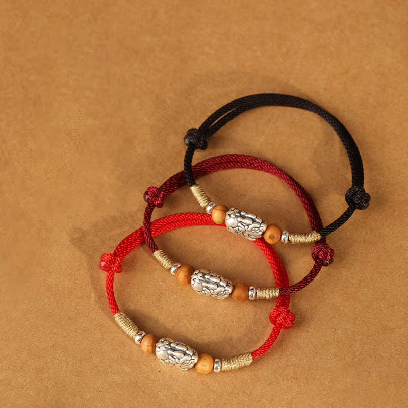 999 Sterling Silver Pixiu Charm Peach Wood Bead Handmade String Braided Luck Bracelet Anklet
