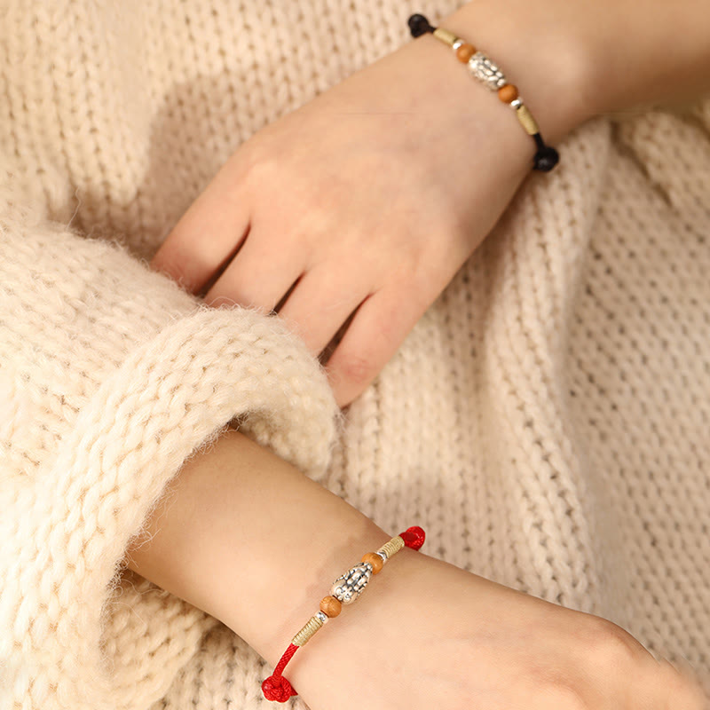 999 Sterling Silver Pixiu Charm Peach Wood Bead Handmade String Braided Luck Bracelet Anklet