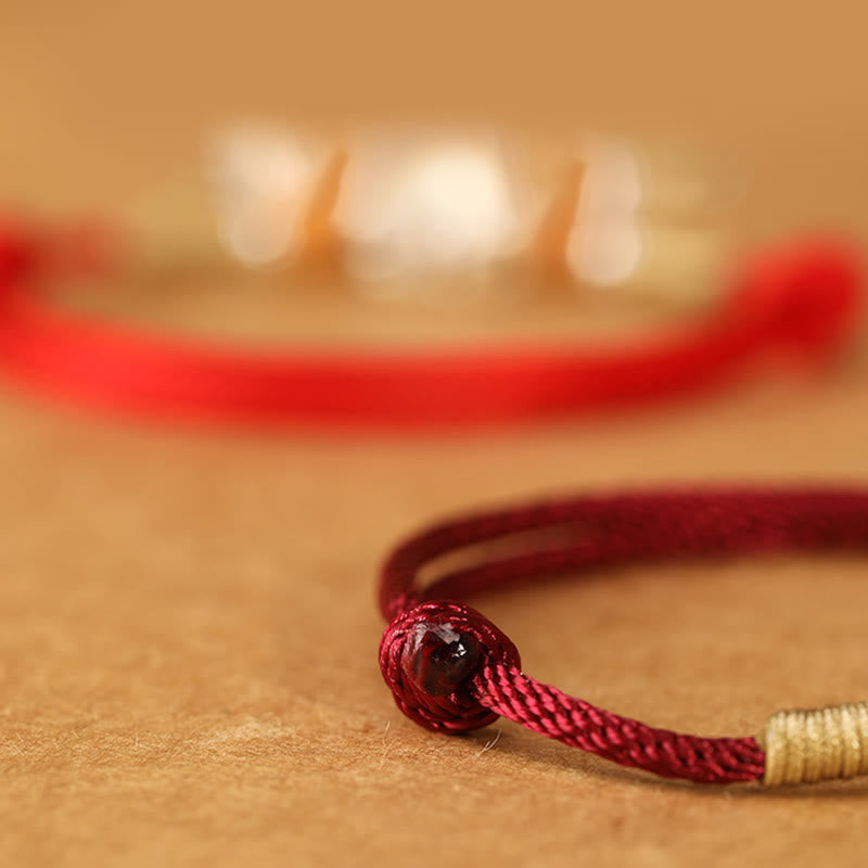 999 Sterling Silver Pixiu Charm Peach Wood Bead Handmade String Braided Luck Bracelet Anklet