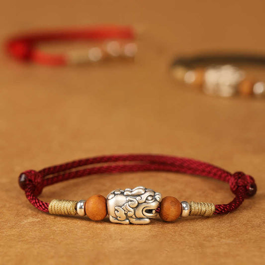 999 Sterling Silver Pixiu Charm Peach Wood Bead Handmade String Braided Luck Bracelet Anklet