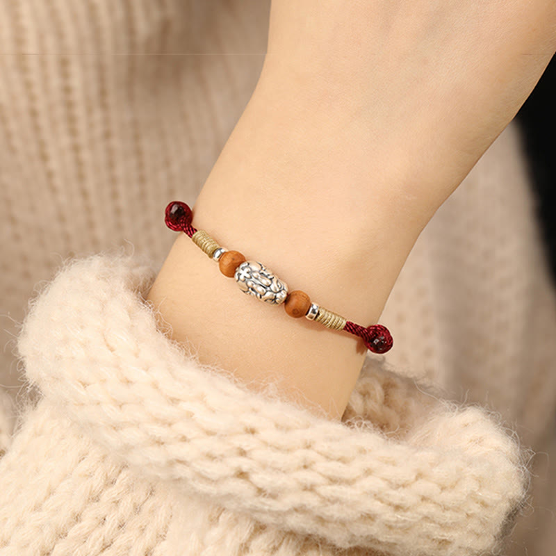 999 Sterling Silver Pixiu Charm Peach Wood Bead Handmade String Braided Luck Bracelet Anklet