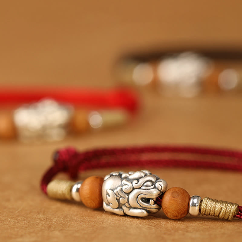 999 Sterling Silver Pixiu Charm Peach Wood Bead Handmade String Braided Luck Bracelet Anklet