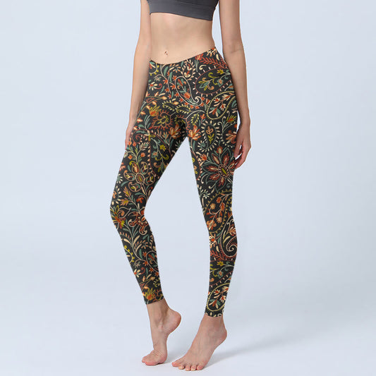Intricate Flower Leaf Pattern Print Gym Leggings Women's Yoga Pants