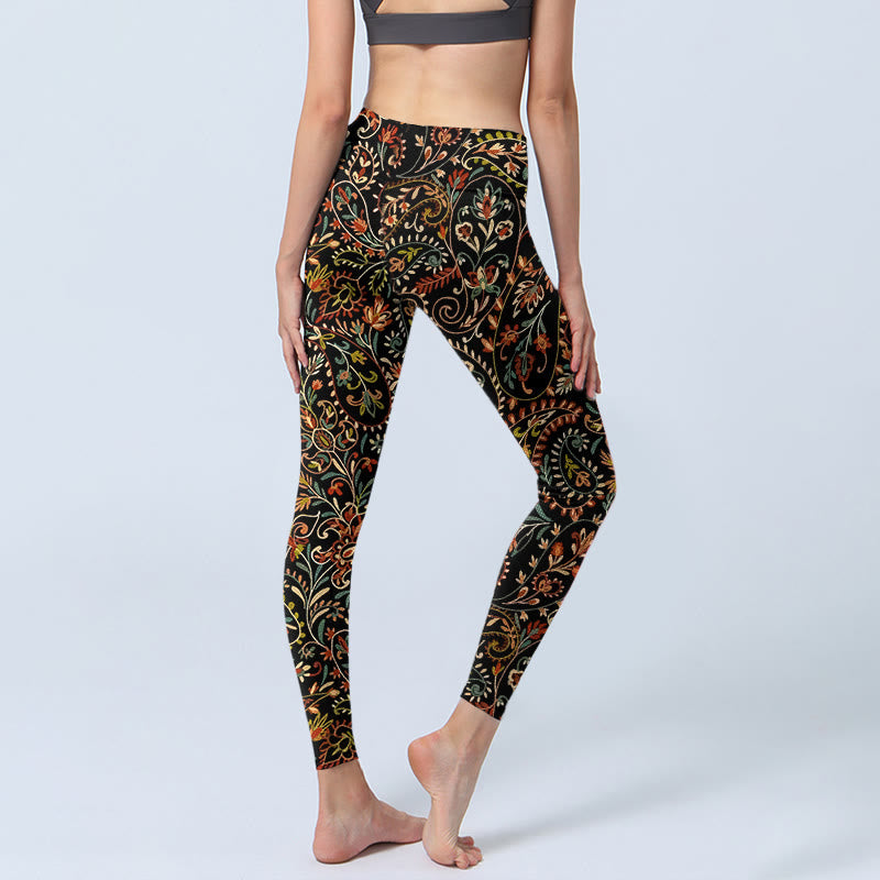 Intricate Flower Leaf Pattern Print Gym Leggings Women's Yoga Pants