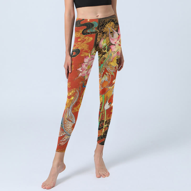 Koi Fish Lotus Cloud Pattern Print Gym Leggings Women's Yoga Pants