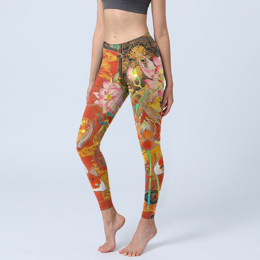 Koi Fish Lotus Cloud Pattern Print Gym Leggings Women's Yoga Pants