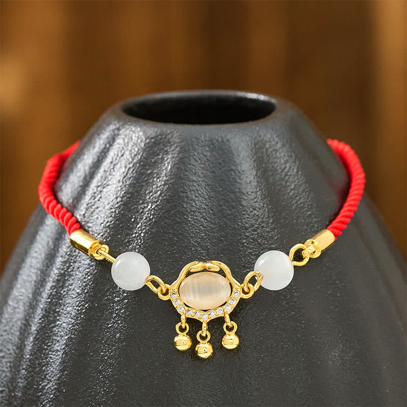 Chinese Lock Charm Cat's Eye Red String Copper Plated Gold Protection Bracelet