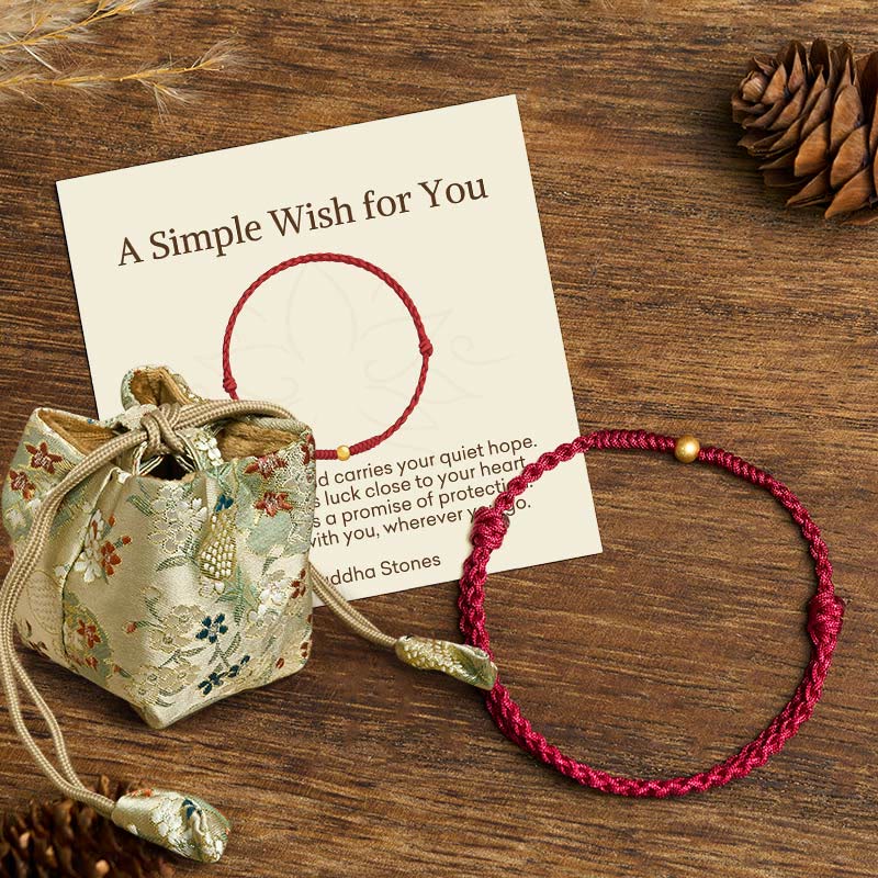 "A Simple Wish for You" 925 Sterling Silver Plated Gold Single Bead Red Rope Bracelet Anklet Includes Gift Message Card