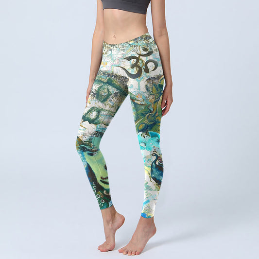 Om Symbol Human Figure Peacock Lotus Pattern Print Gym Leggings Women's Yoga Pants