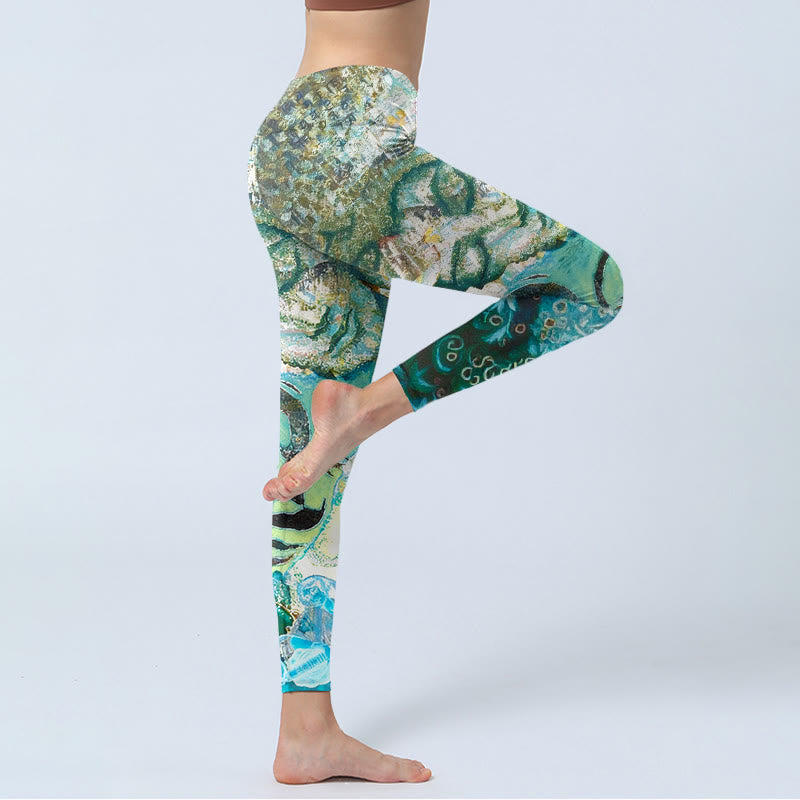 Om Symbol Human Figure Peacock Lotus Pattern Print Gym Leggings Women's Yoga Pants