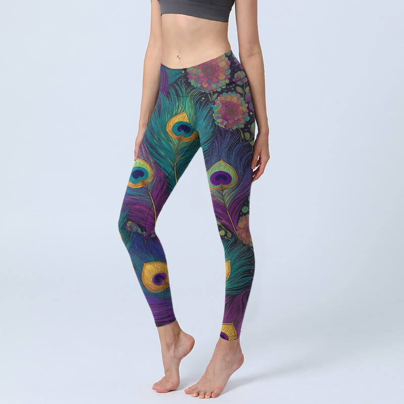 Gorgeous Peacock Feather Flower Pattern Print Gym Leggings Women's Yoga Pants