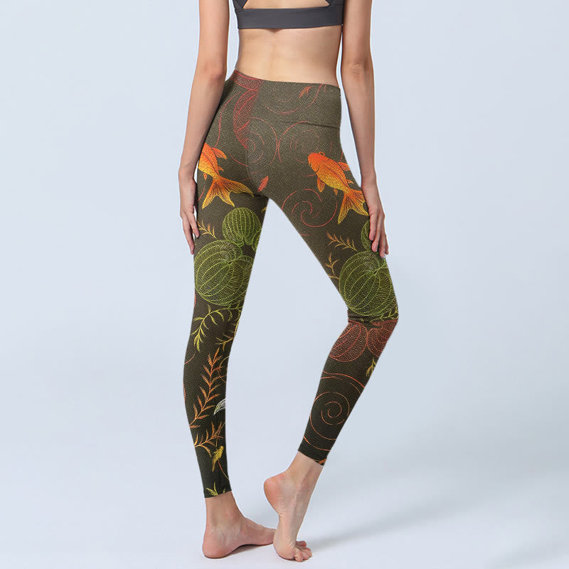 Colorful Koi Fish Water Ripples Plant Pattern Print Gym Leggings Women's Yoga Pants