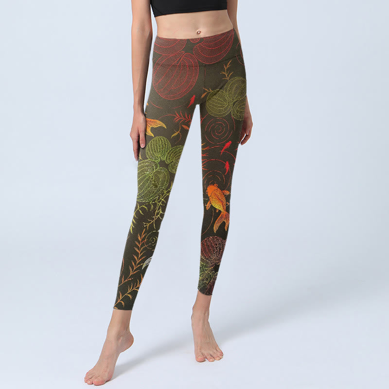 Colorful Koi Fish Water Ripples Plant Pattern Print Gym Leggings Women's Yoga Pants