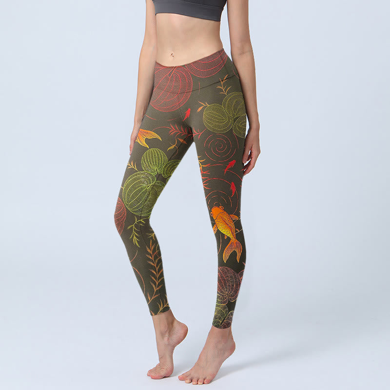 Colorful Koi Fish Water Ripples Plant Pattern Print Gym Leggings Women's Yoga Pants