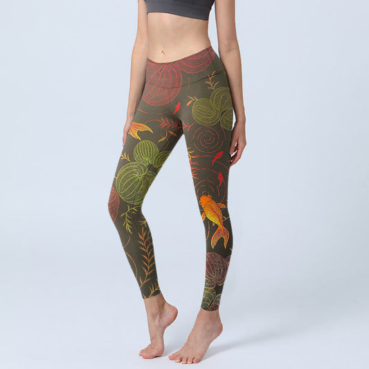 Colorful Koi Fish Water Ripples Plant Pattern Print Gym Leggings Women's Yoga Pants
