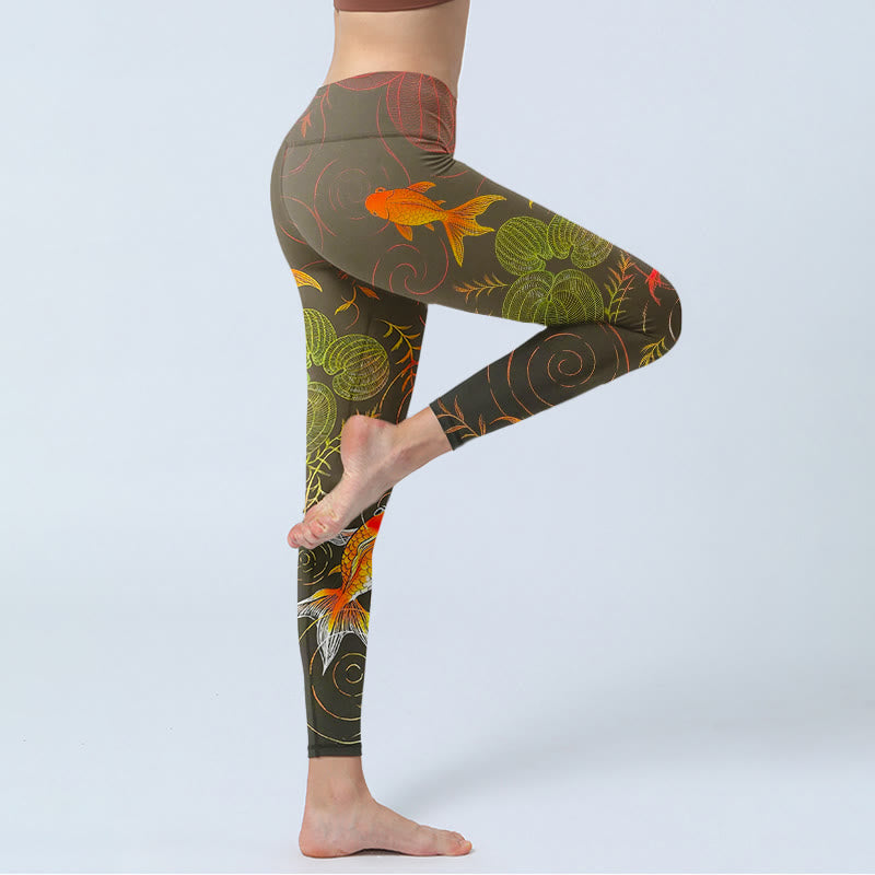 Colorful Koi Fish Water Ripples Plant Pattern Print Gym Leggings Women's Yoga Pants