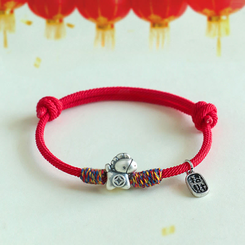 999 Sterling Silver Year Of The Horse Fu Character Attract Fortune String Rope Luck Bracelet