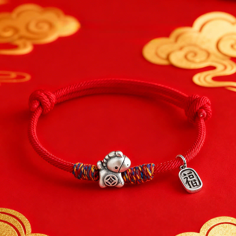 999 Sterling Silver Year Of The Horse Fu Character Attract Fortune String Rope Luck Bracelet