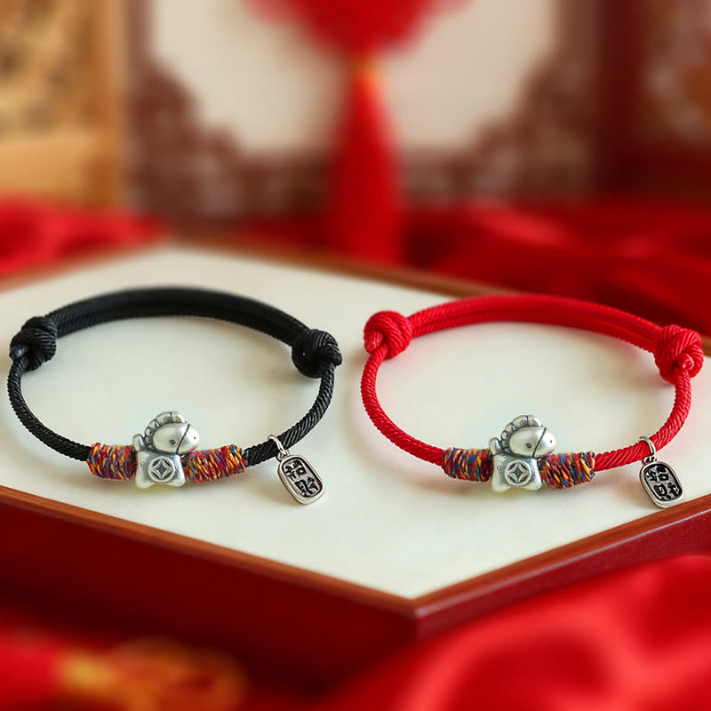 999 Sterling Silver Year Of The Horse Fu Character Attract Fortune String Rope Luck Bracelet