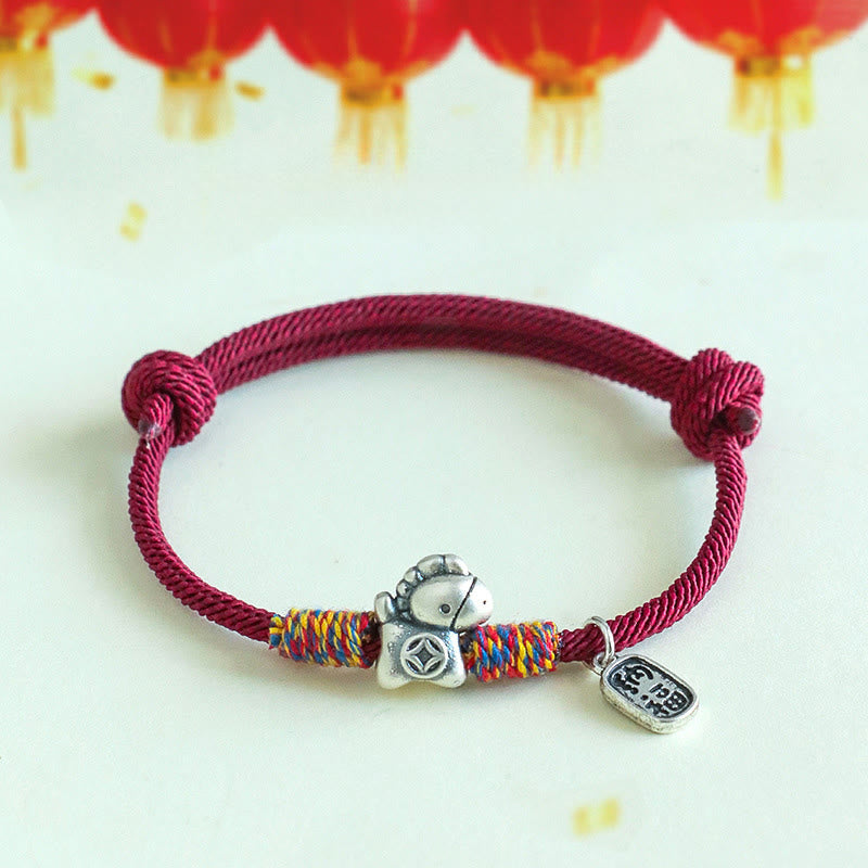999 Sterling Silver Year Of The Horse Fu Character Attract Fortune String Rope Luck Bracelet