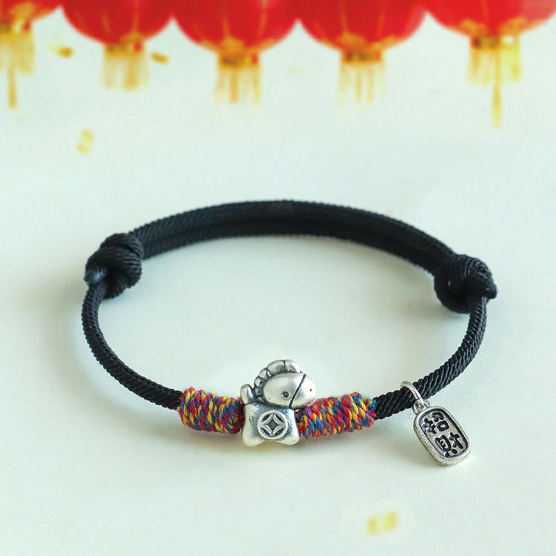 999 Sterling Silver Year Of The Horse Fu Character Attract Fortune String Rope Luck Bracelet