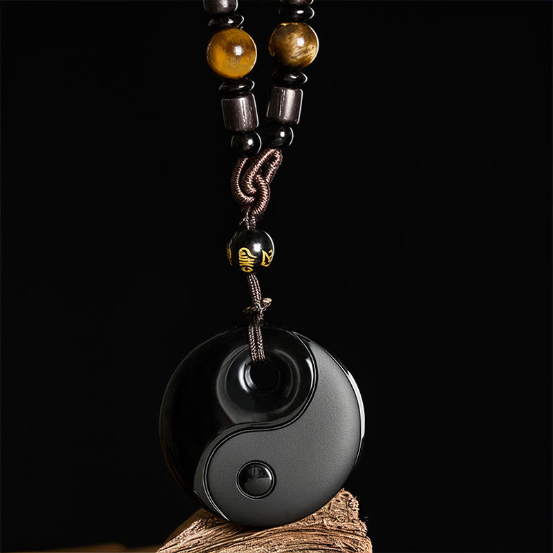 Yin Yang Symbol Om Mani Padme Hum Black Obsidian Strength Necklace Pendant