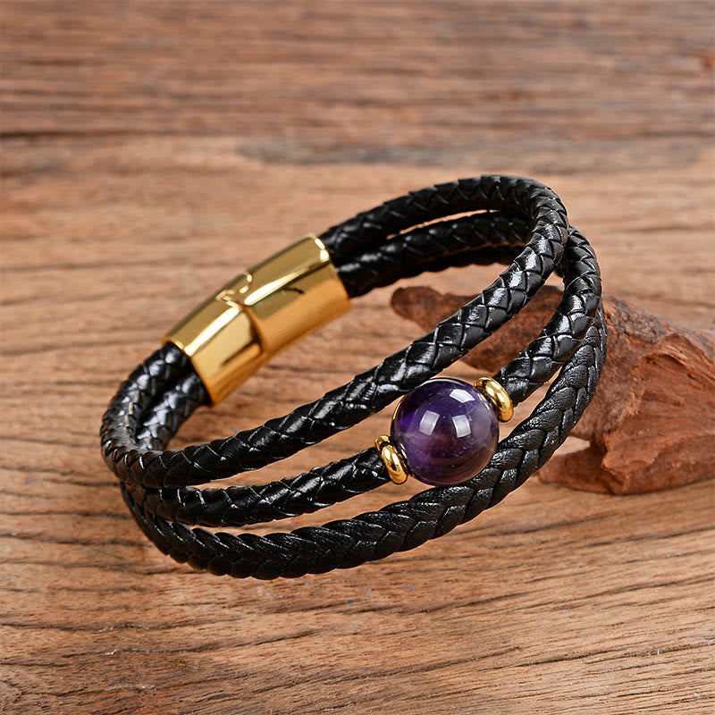 Multicolored Bead Green Tiger Eye Amethyst Craved Six True Words Leather Balance Bracelet