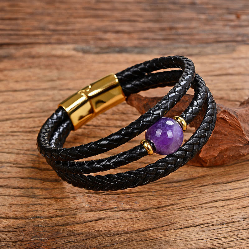 Multicolored Bead Green Tiger Eye Amethyst Craved Six True Words Leather Balance Bracelet