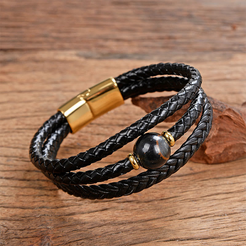 Multicolored Bead Green Tiger Eye Amethyst Craved Six True Words Leather Balance Bracelet