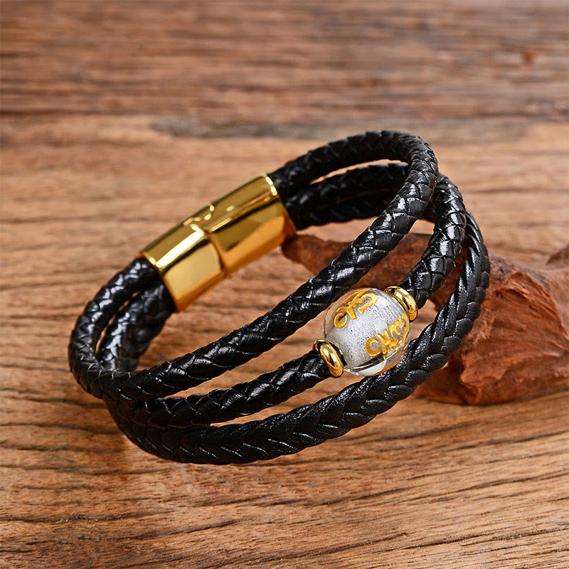 Multicolored Bead Green Tiger Eye Amethyst Craved Six True Words Leather Balance Bracelet