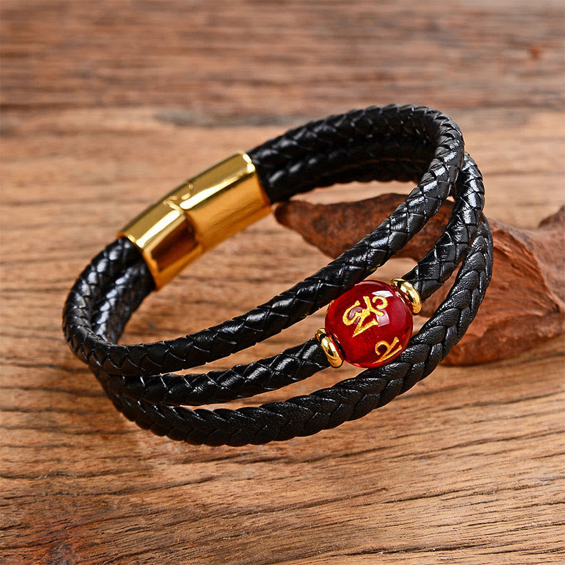 Multicolored Bead Green Tiger Eye Amethyst Craved Six True Words Leather Balance Bracelet