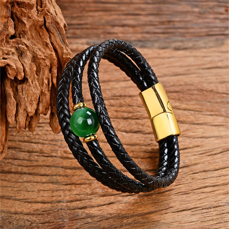 Multicolored Bead Green Tiger Eye Amethyst Craved Six True Words Leather Balance Bracelet