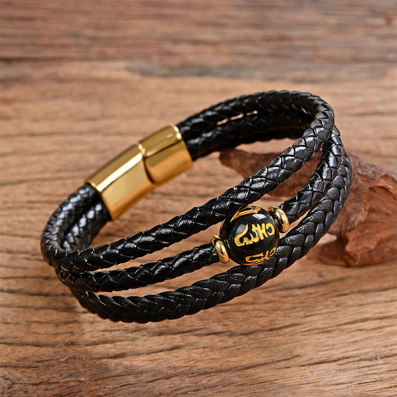 Multicolored Bead Green Tiger Eye Amethyst Craved Six True Words Leather Balance Bracelet
