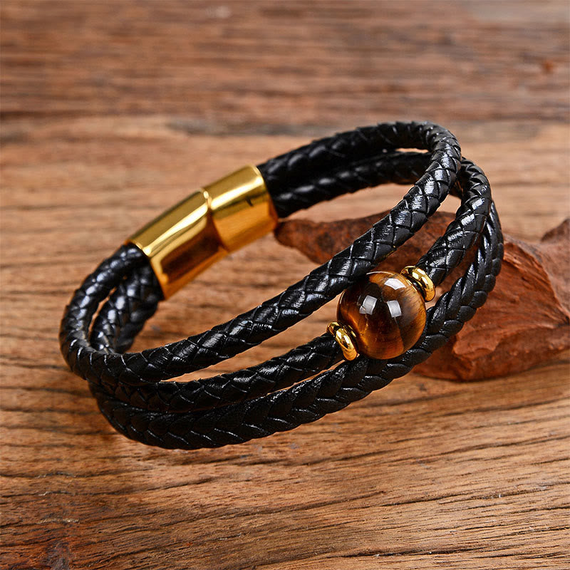 Multicolored Bead Green Tiger Eye Amethyst Craved Six True Words Leather Balance Bracelet
