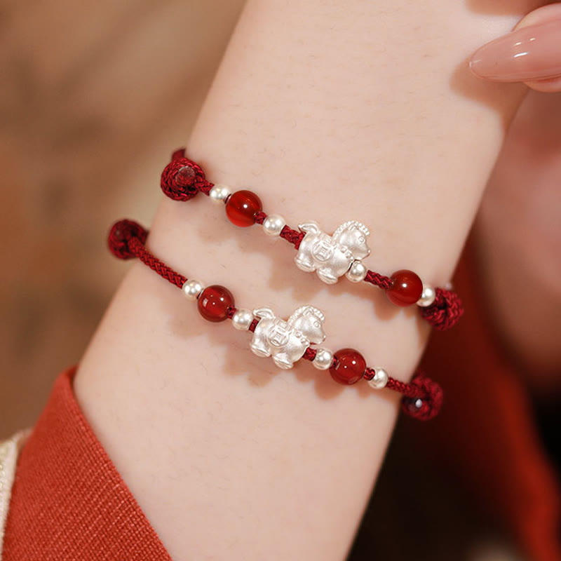 999 Sterling Silver Red Agate Year Of The Horse Prosperity String Bracelet