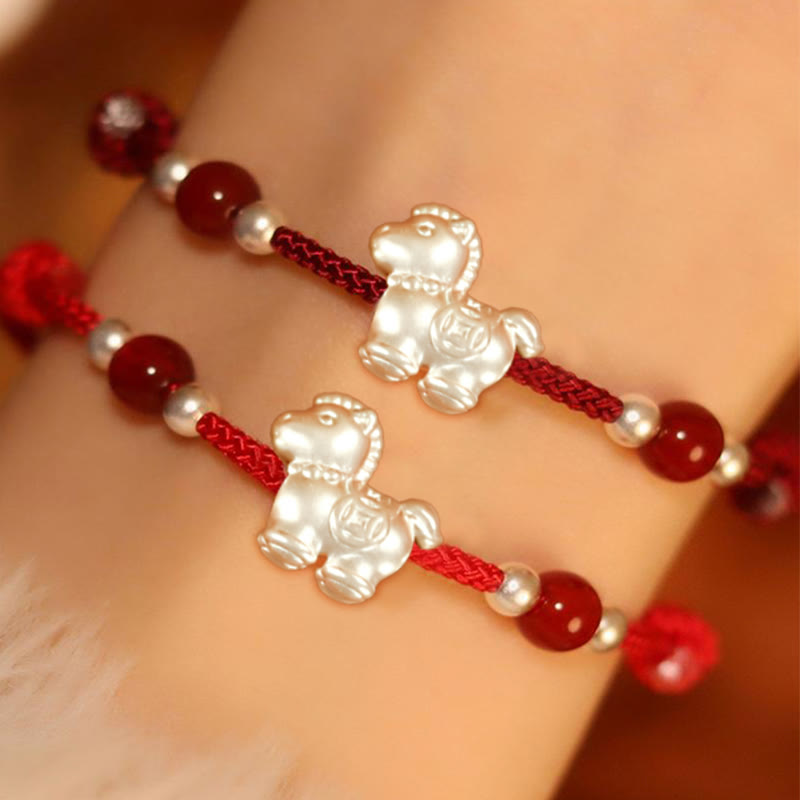 999 Sterling Silver Red Agate Year Of The Horse Prosperity String Bracelet