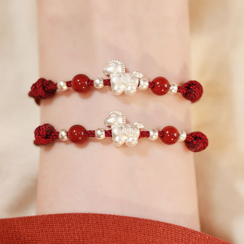 999 Sterling Silver Red Agate Year Of The Horse Prosperity String Bracelet
