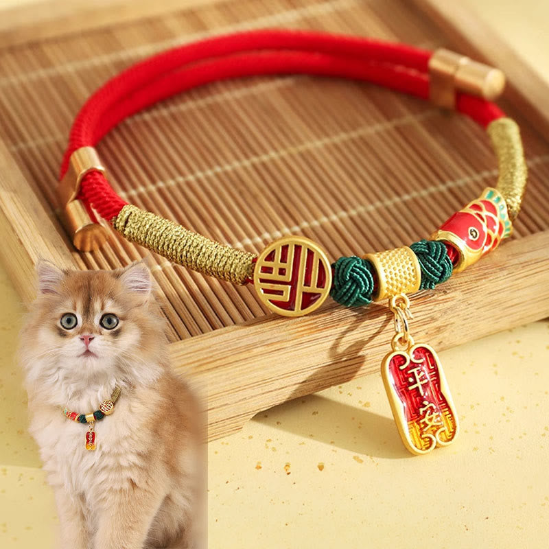 Metal Pendant Red String Peace Joy Blessing Protection Adjustable Cats Small Dogs Pet Collar