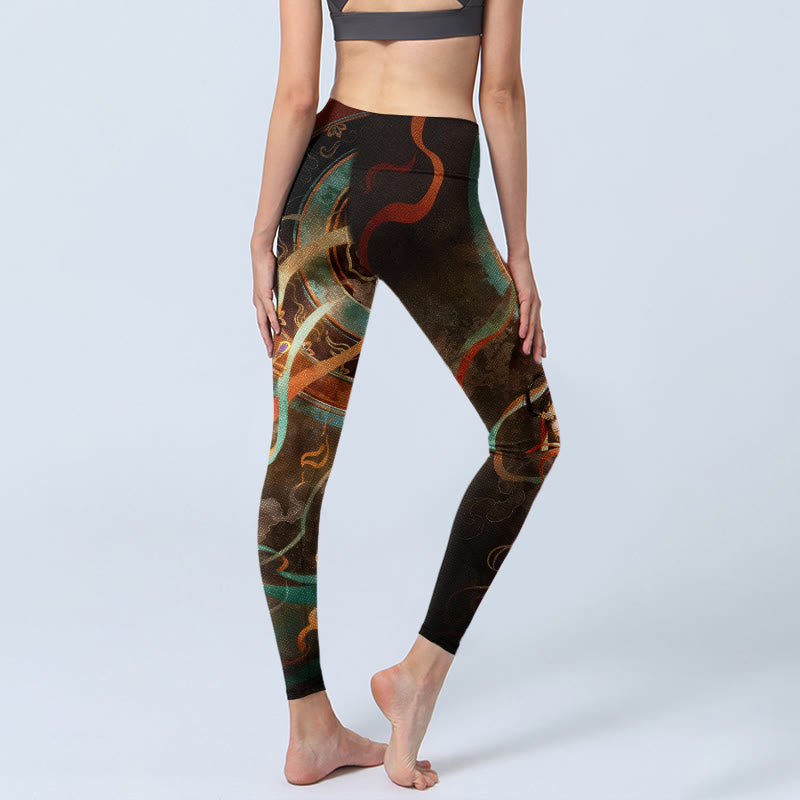 Colorful Fairy Lute Ribbon Flower Circle Pattern Print Gym Leggings Women's Yoga Pants