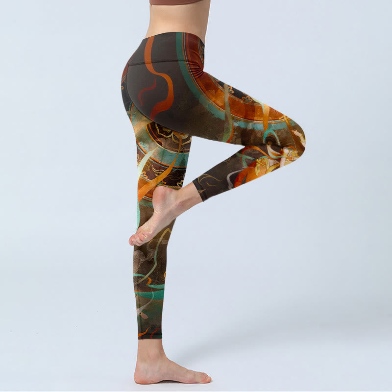 Colorful Fairy Lute Ribbon Flower Circle Pattern Print Gym Leggings Women's Yoga Pants