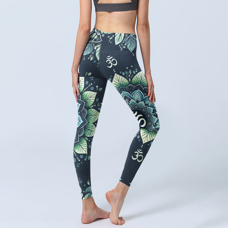 Symmetrical Om Symbol Flower Pattern Print Gym Leggings Women's Yoga Pants