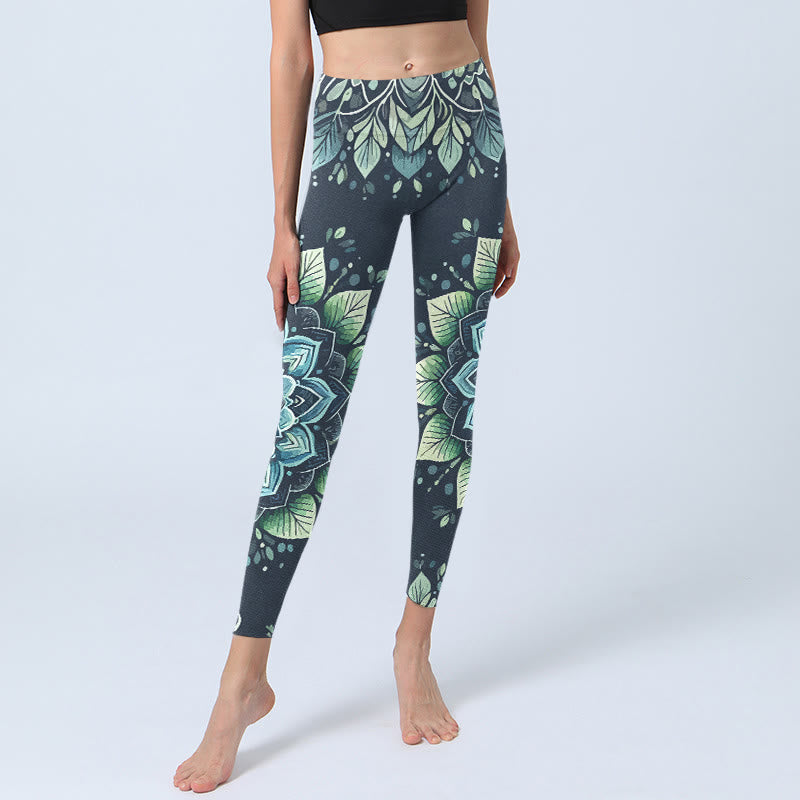 Symmetrical Om Symbol Flower Pattern Print Gym Leggings Women's Yoga Pants