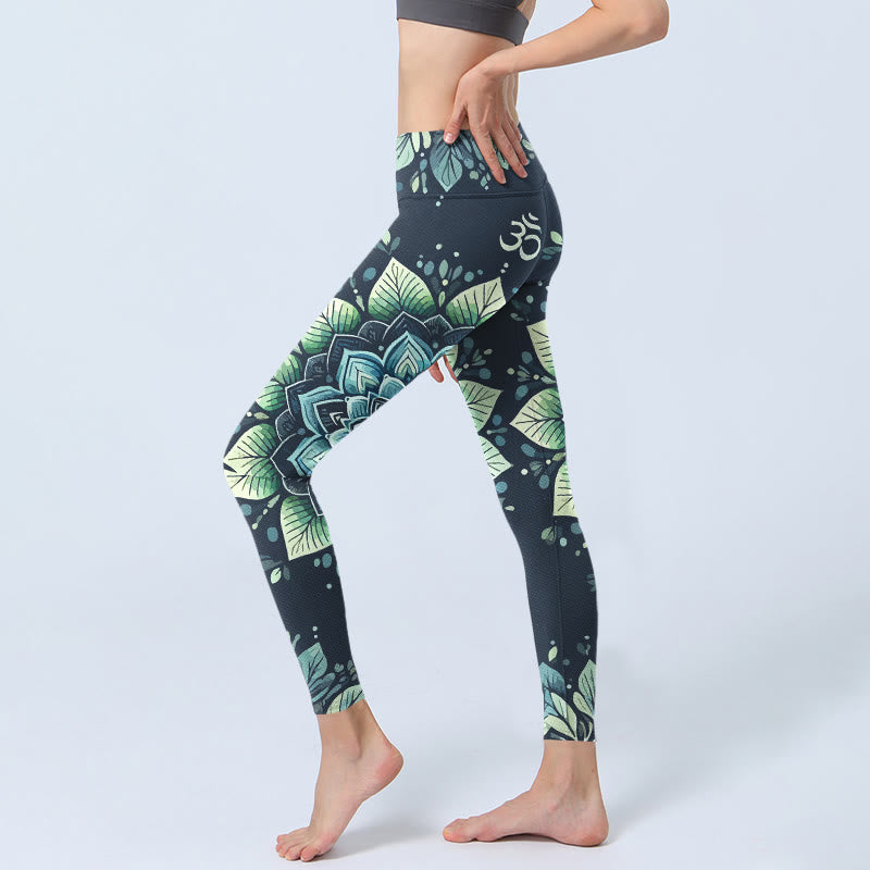 Symmetrical Om Symbol Flower Pattern Print Gym Leggings Women's Yoga Pants