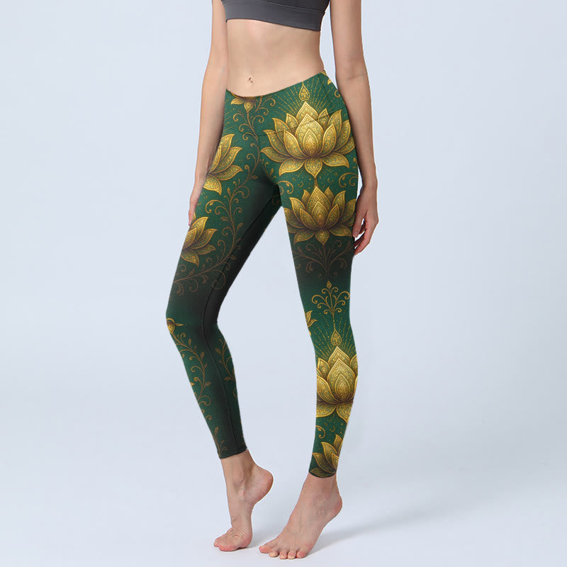 Golden Lotus Pattern Print Gym Leggings Women's Yoga Pants
