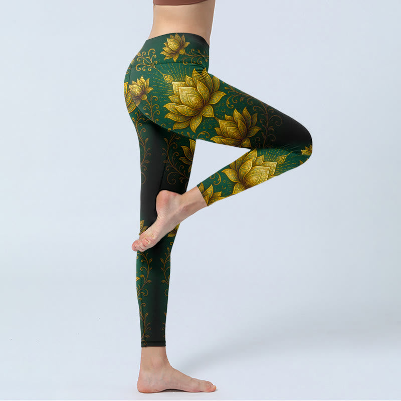 Golden Lotus Pattern Print Gym Leggings Women's Yoga Pants