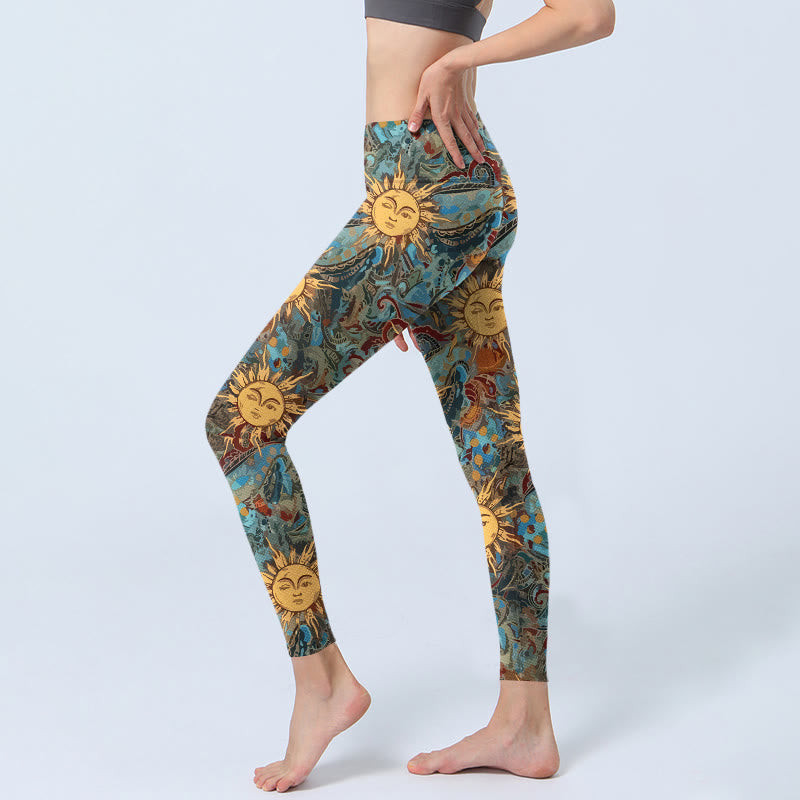 Golden Personified Sun Pattern Print Gym Leggings Women's Yoga Pants