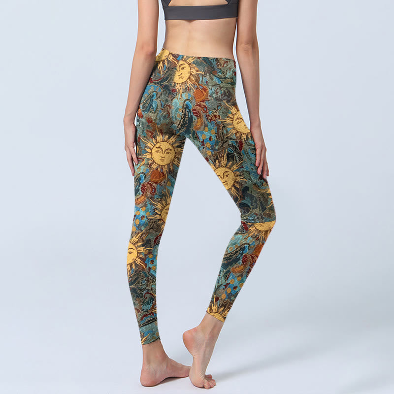 Golden Personified Sun Pattern Print Gym Leggings Women's Yoga Pants