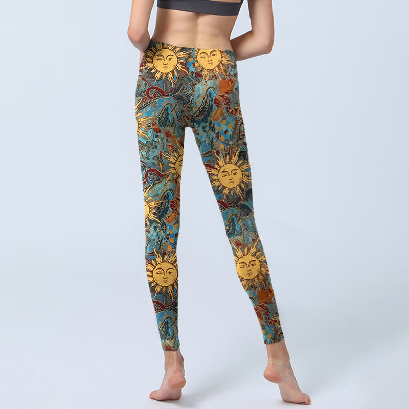 Golden Personified Sun Pattern Print Gym Leggings Women's Yoga Pants
