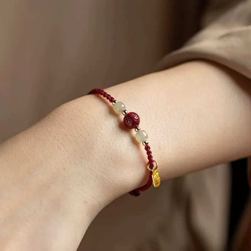 Fu Character Hetian Jade Bead Om Mani Padme Hum Cinnabar Red String Prosperity Bracelet