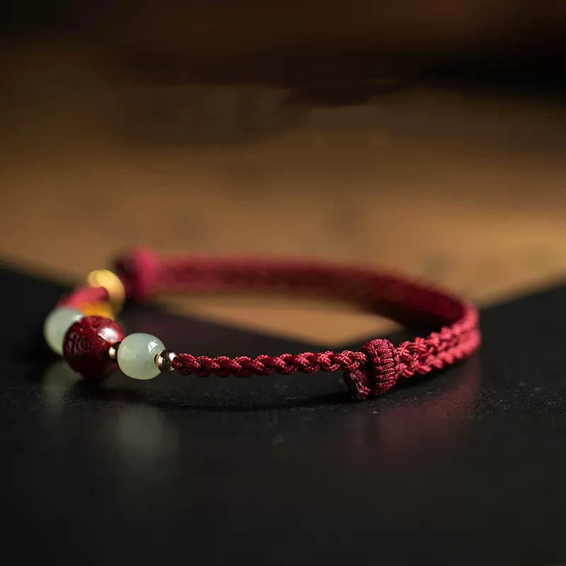 Fu Character Hetian Jade Bead Om Mani Padme Hum Cinnabar Red String Prosperity Bracelet